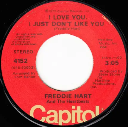 Freddie Hart And The Heartbeats - Warm Side Of You / I Love You, I Just Don't Like You