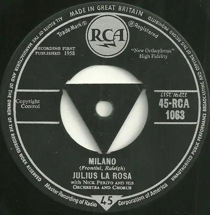 Julius La Rosa With The Nick Perito Orchestra And Chorus - Torero / Milano